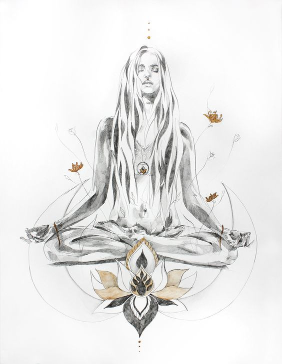 Ilustracja kobiety w pozycji kwiatu lotosu, ktora medytuje