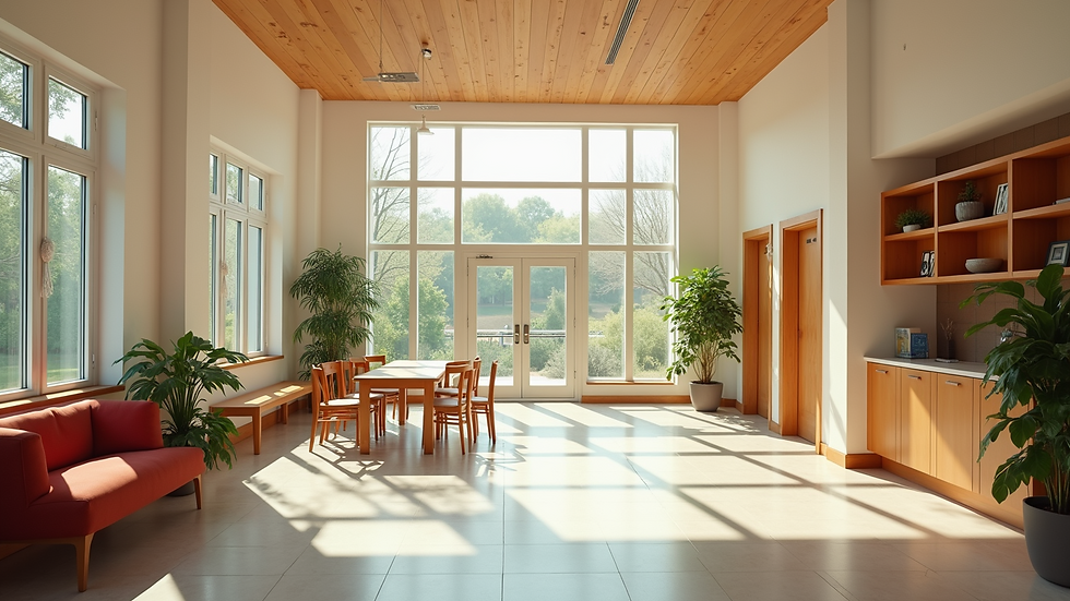 Wide angle view of a bright and welcoming community center