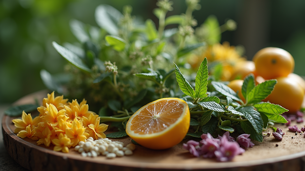 Close-up view of assorted therapeutic plants used in healing ceremonies