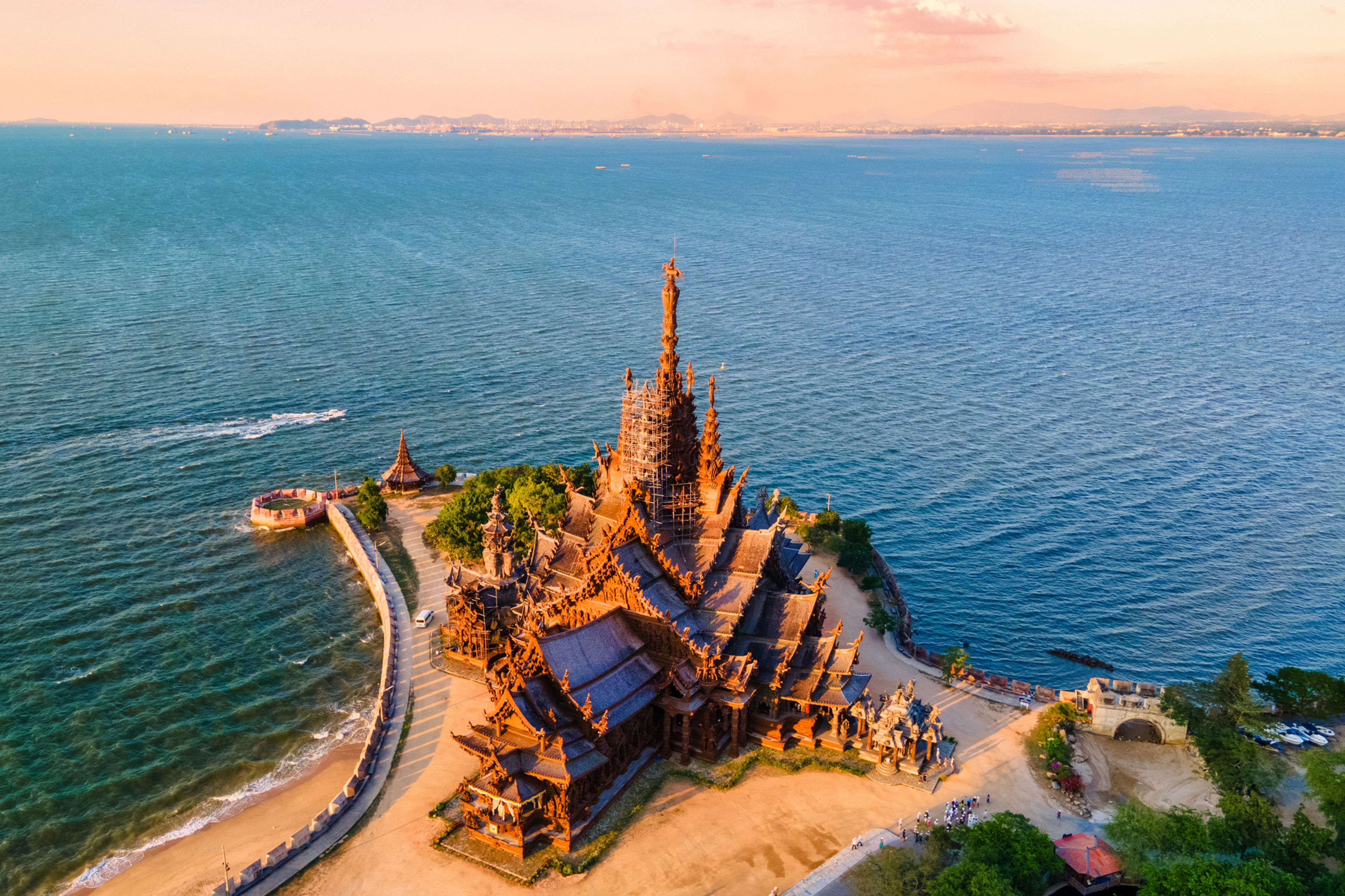 Drone view Sanctuary of truth at sunset with skyline Pattaya Thailand