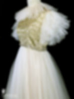 HATTIE CARNEGIE vintage couture 1930s or 1940s gold glass bead and ivory tulle ball gown with ruffled flounce collar and sleeves.