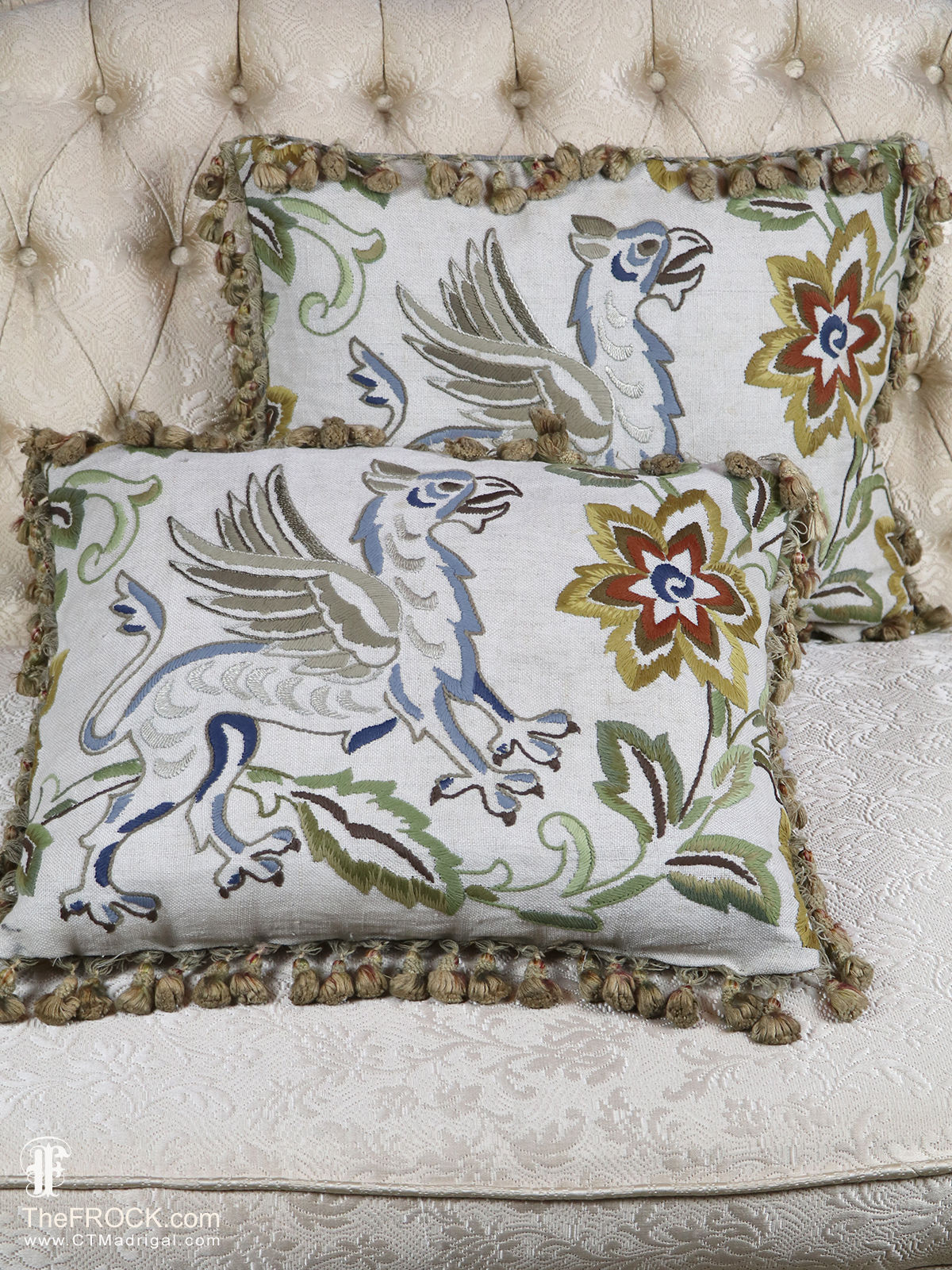 Pair of antique mythological embroidered pillows Jacobean flowers