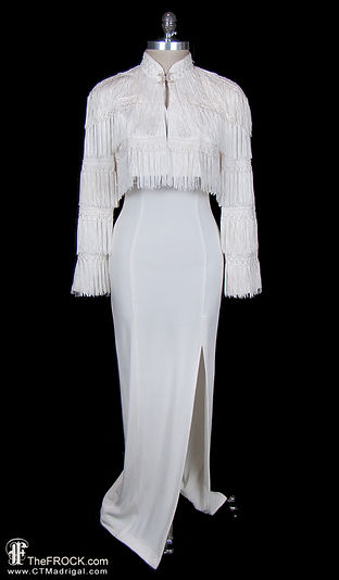 Yves Saint Laurent white rayon & fringe ensemble maxi dress gown jacket  body con | TheFROCK.com