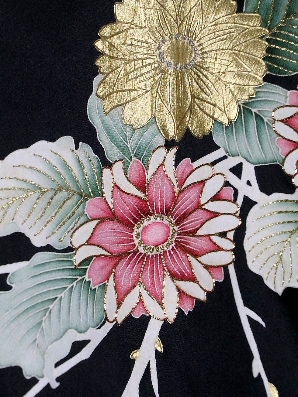 Thumbnail: Vintage black silk satin haori kimono gold metallic flowers gothic jacket
