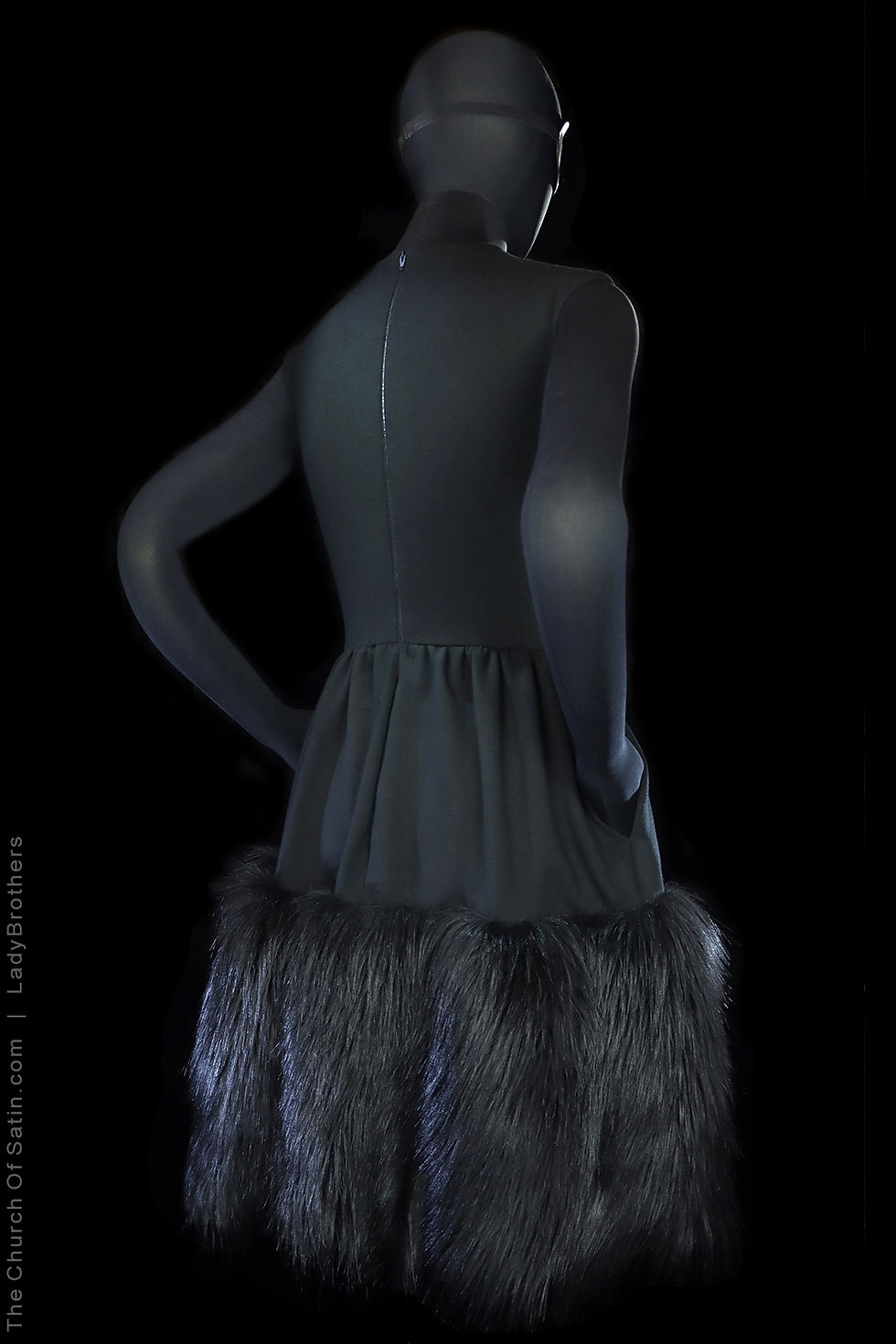 Thumbnail: LADYBROTHERS demi-couture studded black jersey dress, furry hem, Made to Order
