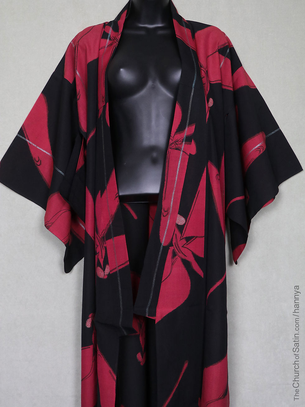 Thumbnail: Near antique dragonfly insect kimono red black sheer summer silk tomesode