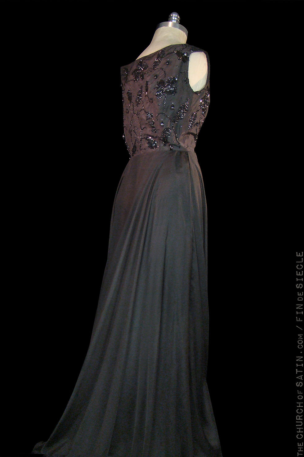Thumbnail: 1940s beaded black gown, sleeveless silk chiffon taffeta dress, gothic goddess