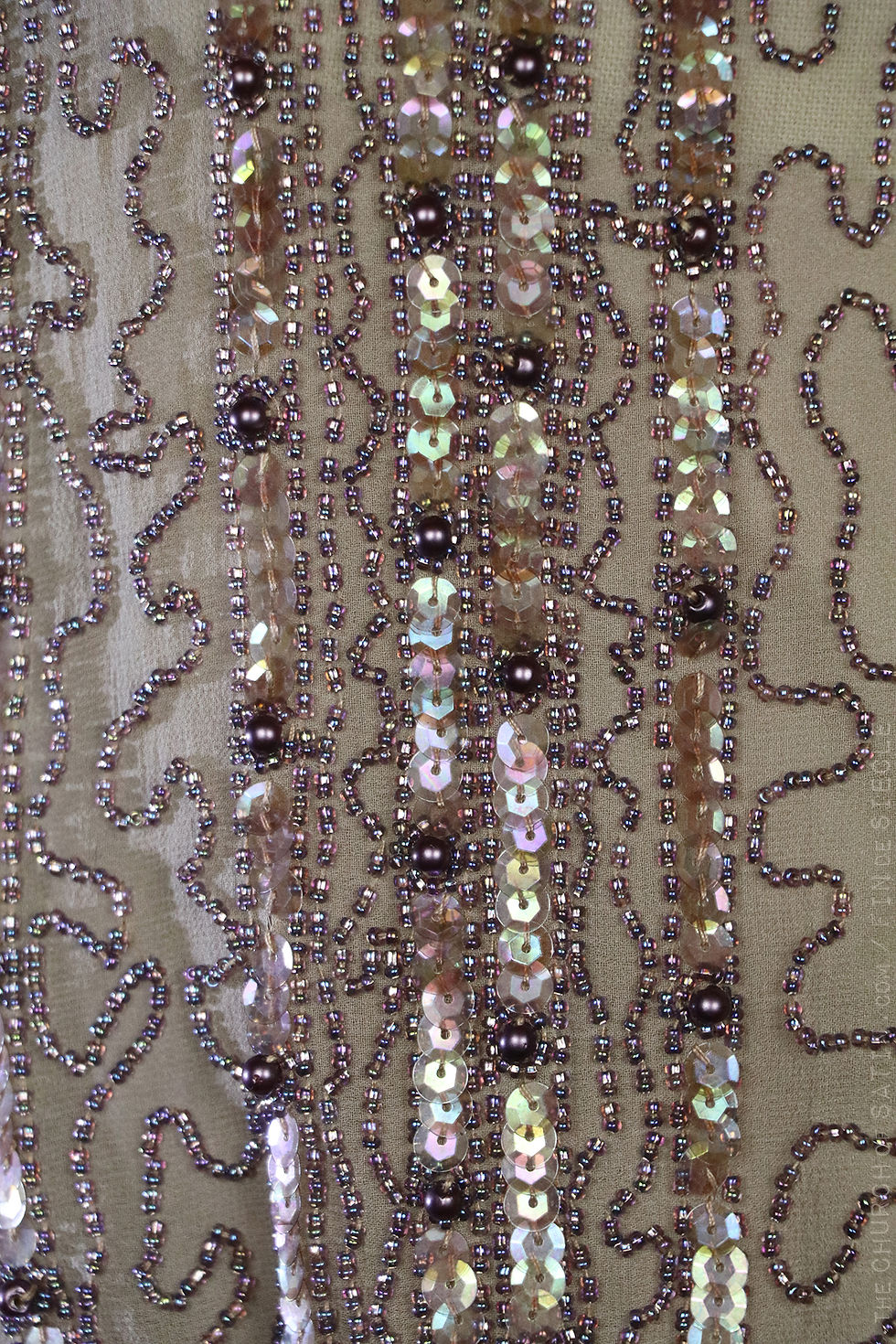 Thumbnail: 1970s Edwardian style beaded gown, nude silk chiffon long sleeve Downton Abbey