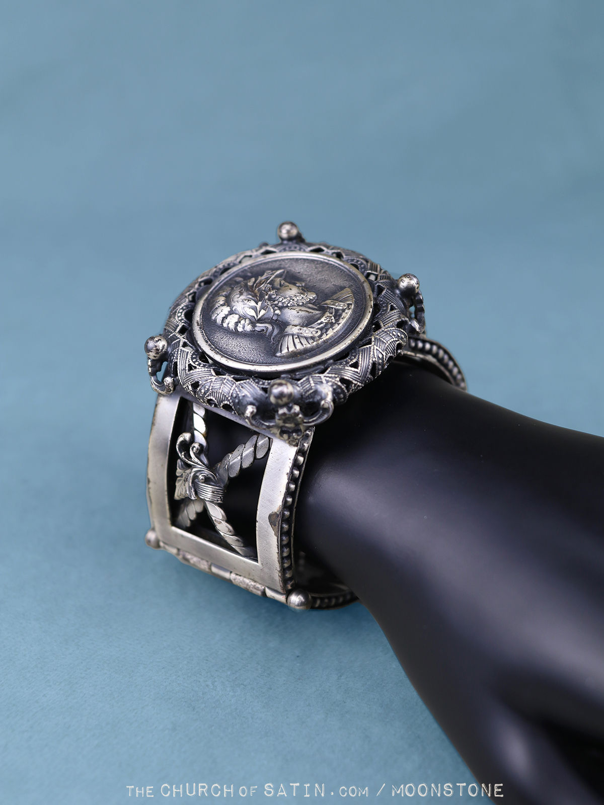 Huge old roman soldier cuff bracelet chunky, classsical portrait miniature