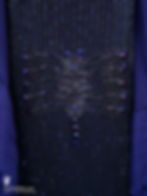 Detail view of a dragonfly beaded and jeweled front of an authentic Art Deco 1920s antique couture indigo blue silk chiffon flapper dress.