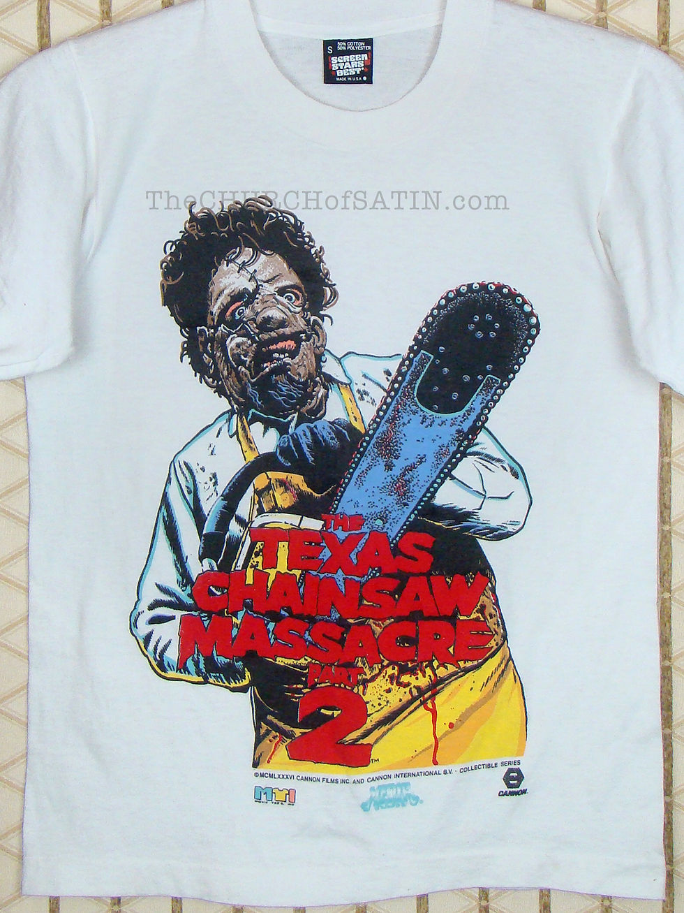 Vintage white 1980s TEXAS CHAINSAW MASSACRE Leatherface t-shirt with 1980s Screen Stars neck tag.