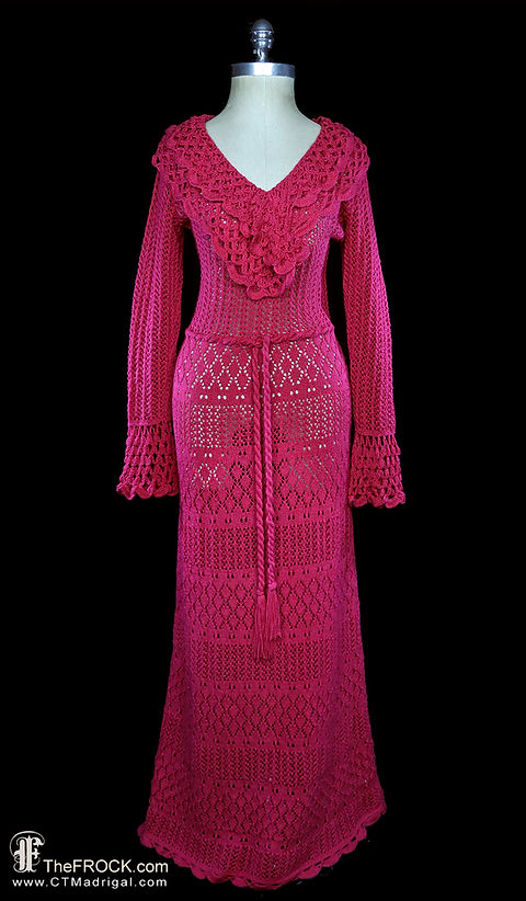 Crochet maxi dress, reddish pink, long sleeves belt, 1930s 1940s 1970s, body con Crochet maxi dress, reddish pink, long sleeves belt, 1930s 1940s 1970s, body con