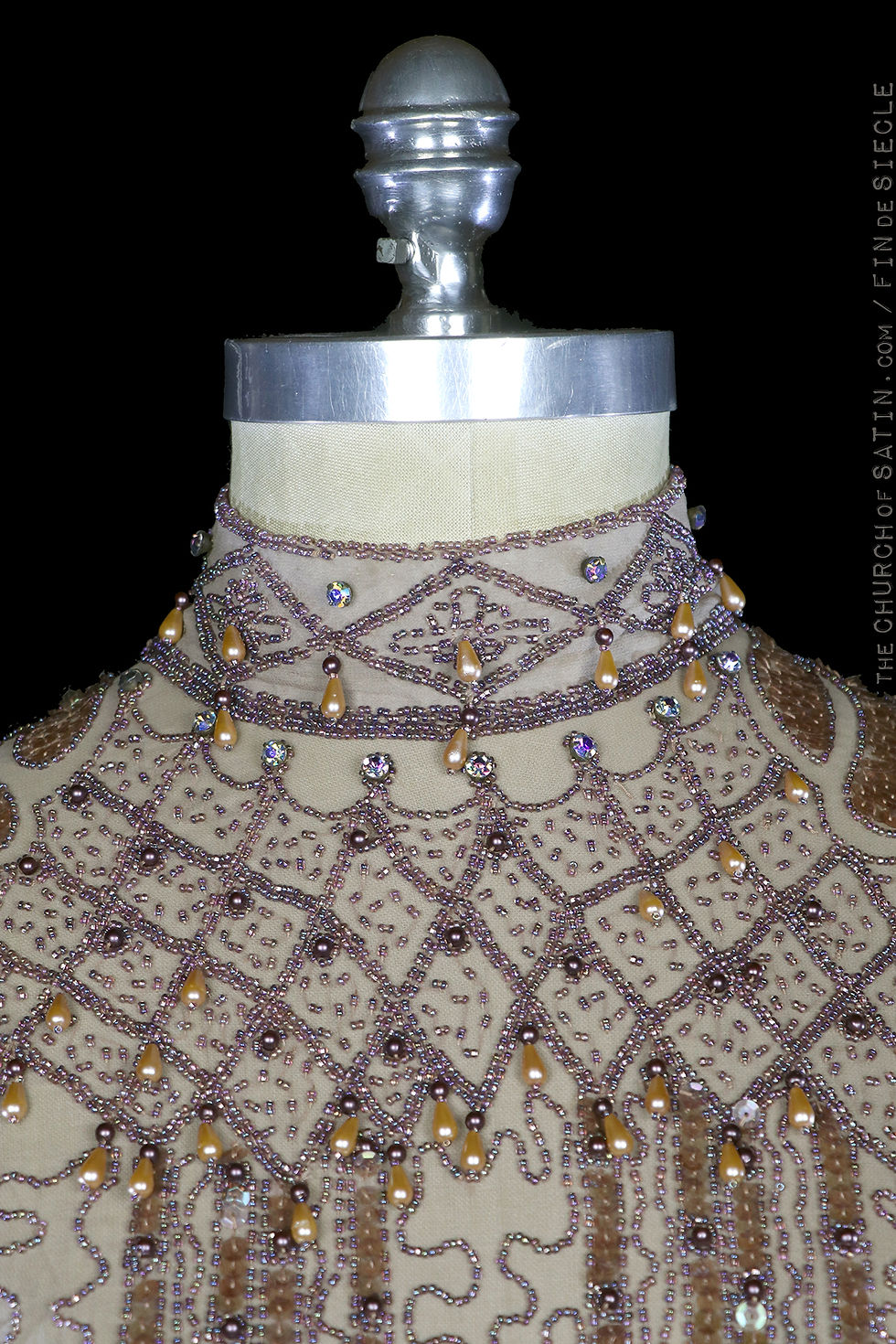 Thumbnail: 1970s Edwardian style beaded gown, nude silk chiffon long sleeve Downton Abbey