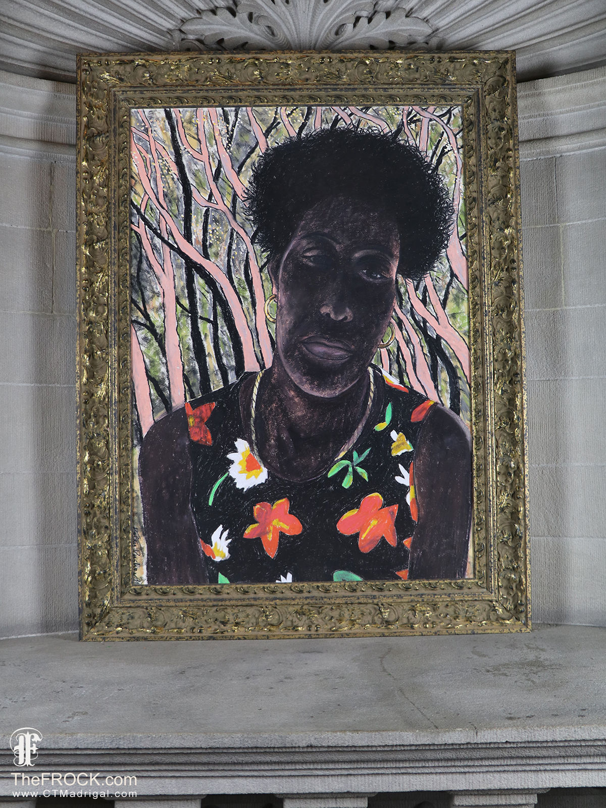 Huge pastel portrait of a black woman in floral blouse pink trees large framed