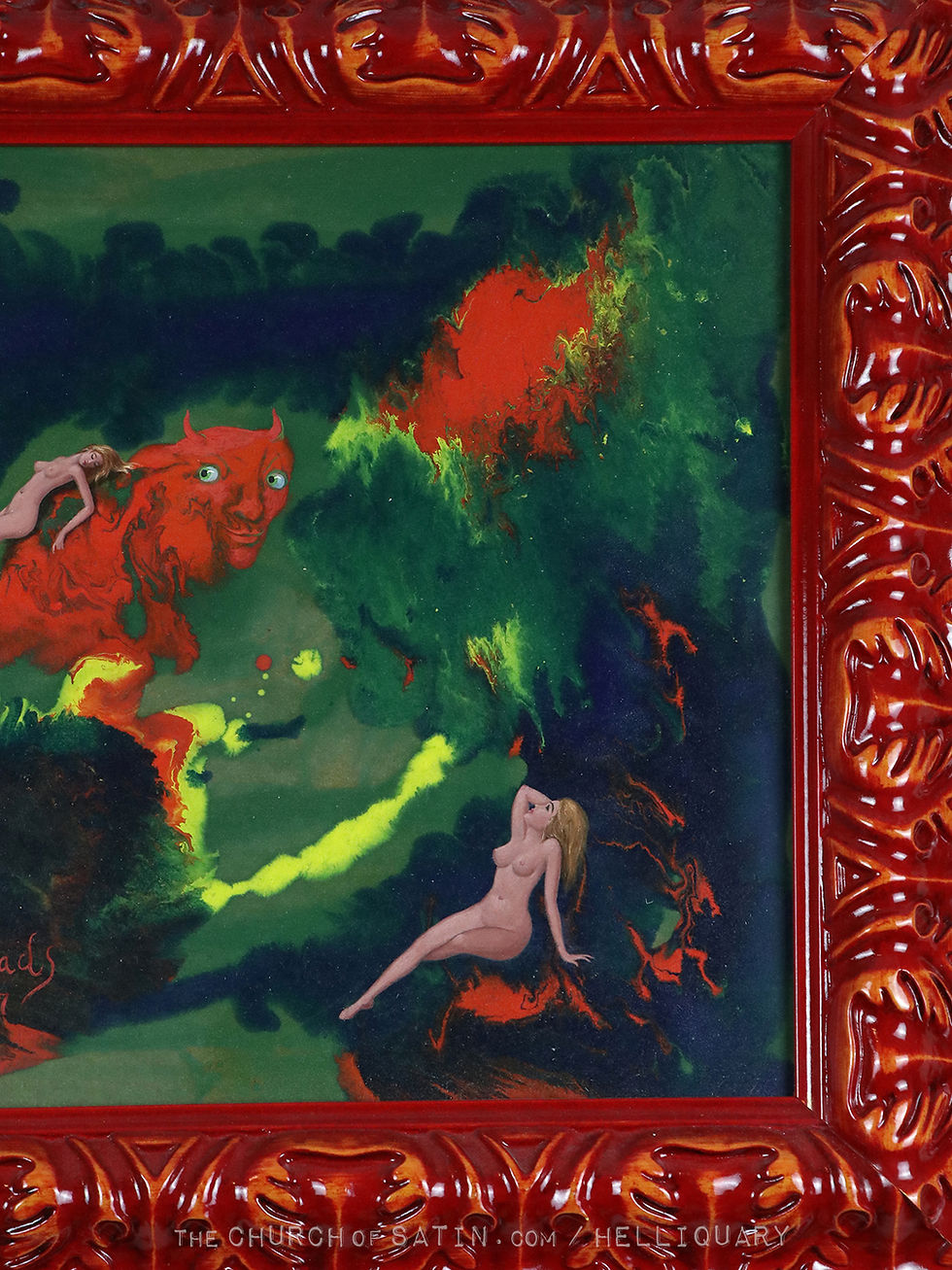 Thumbnail: 1967 OIL PAINTING surrealist devil with nude women Hell landscape George Rhoads