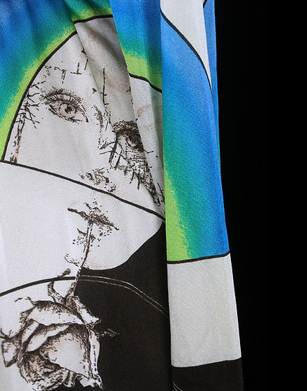 TheFROCK.com, Mr Blackwell, op art print maxi dress, long sleeves belted, Insert.jpg