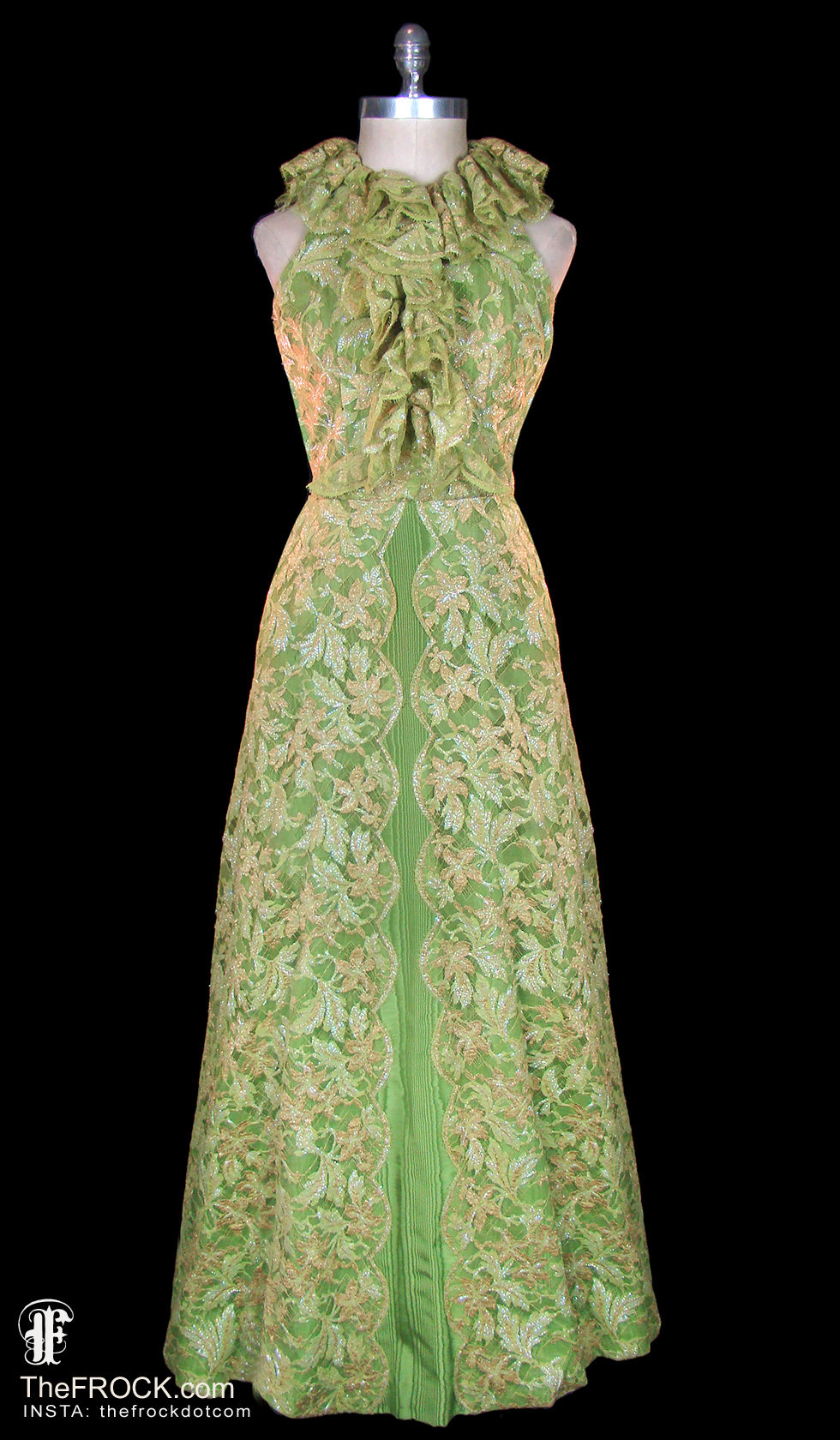 Oscar de la renta green lace gown vintage halter dress metallic sheen red carpet