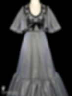 MR BLACKWELL vintage couture 1960s/1970s maxi dress or evening gown with beaded and jeweled black velvet bodice and metallic black and white gingham floor-length skirt and big flounce sleeves.