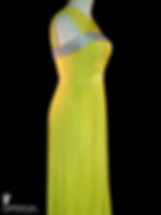 Side view of a sleeveless 1930s vintage couture chartreuse yellow silk chiffon Grecian goddess gown with silver beaded and jeweled trims.