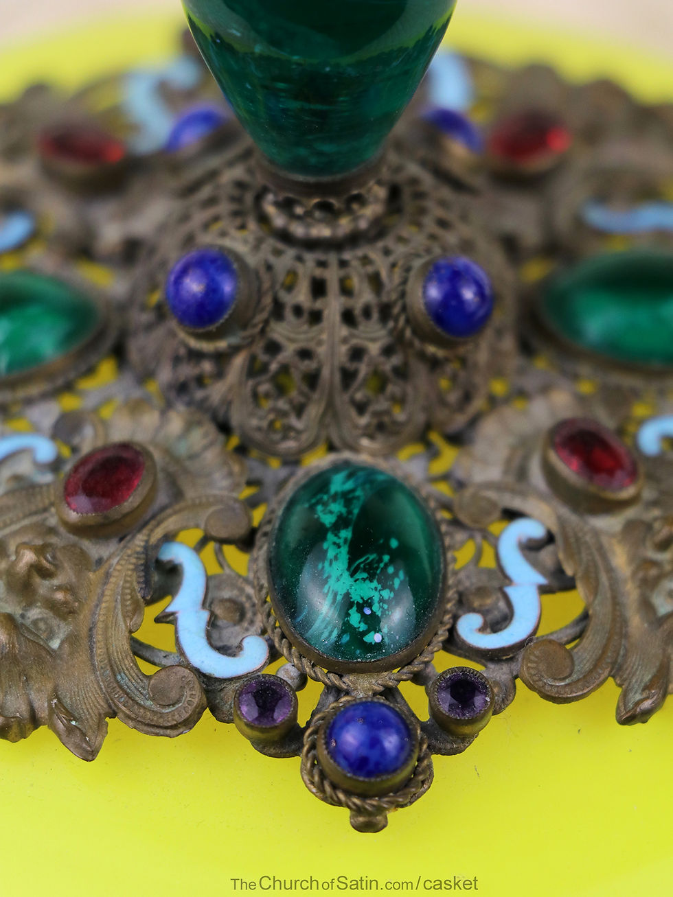 Thumbnail: Yellow glass dresser jar antique bohemian glass box  jeweled filigree large size
