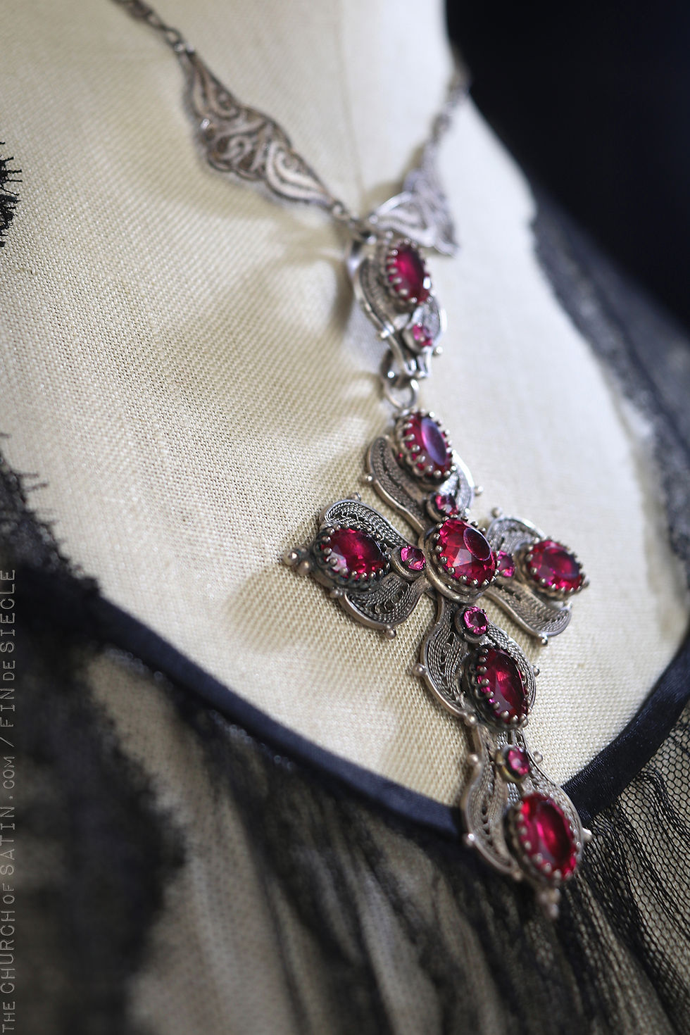 Thumbnail: Georgian spun silver filigree cross and ruby paste cross necklace