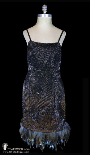 Saks 5th Avenue Black, Blue and Brown Beaded Silk Chiffon Dress with Feather Hem