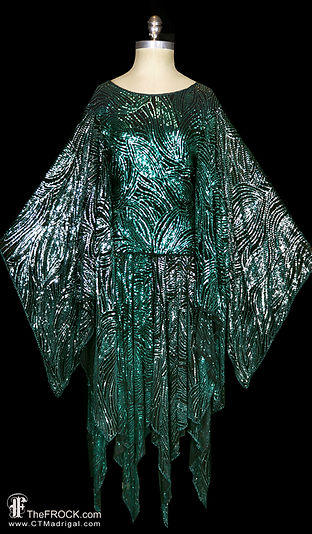 Halston green and silver sequin silk disco dress angel wing sleeves hankie hem | TheFROCK.com Halston green and silver sequin silk disco dress angel wing sleeves hankie hem | TheFROCK.com