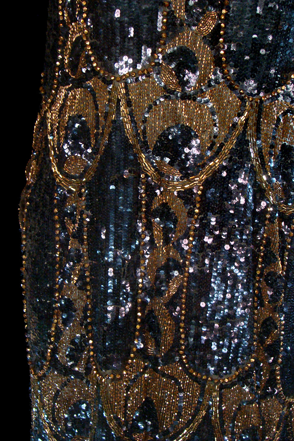 Thumbnail: 1920s sequin flapper gown, antique Art Deco black gold beaded dress, sleeveless