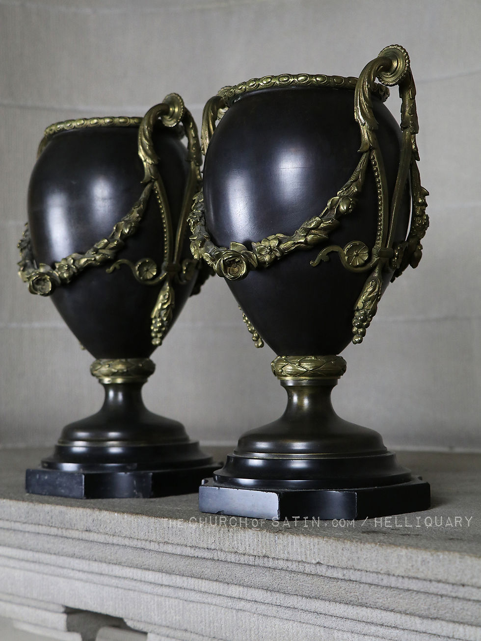 Thumbnail: ANTIQUE URNS, black & bronze with bassalt bases
