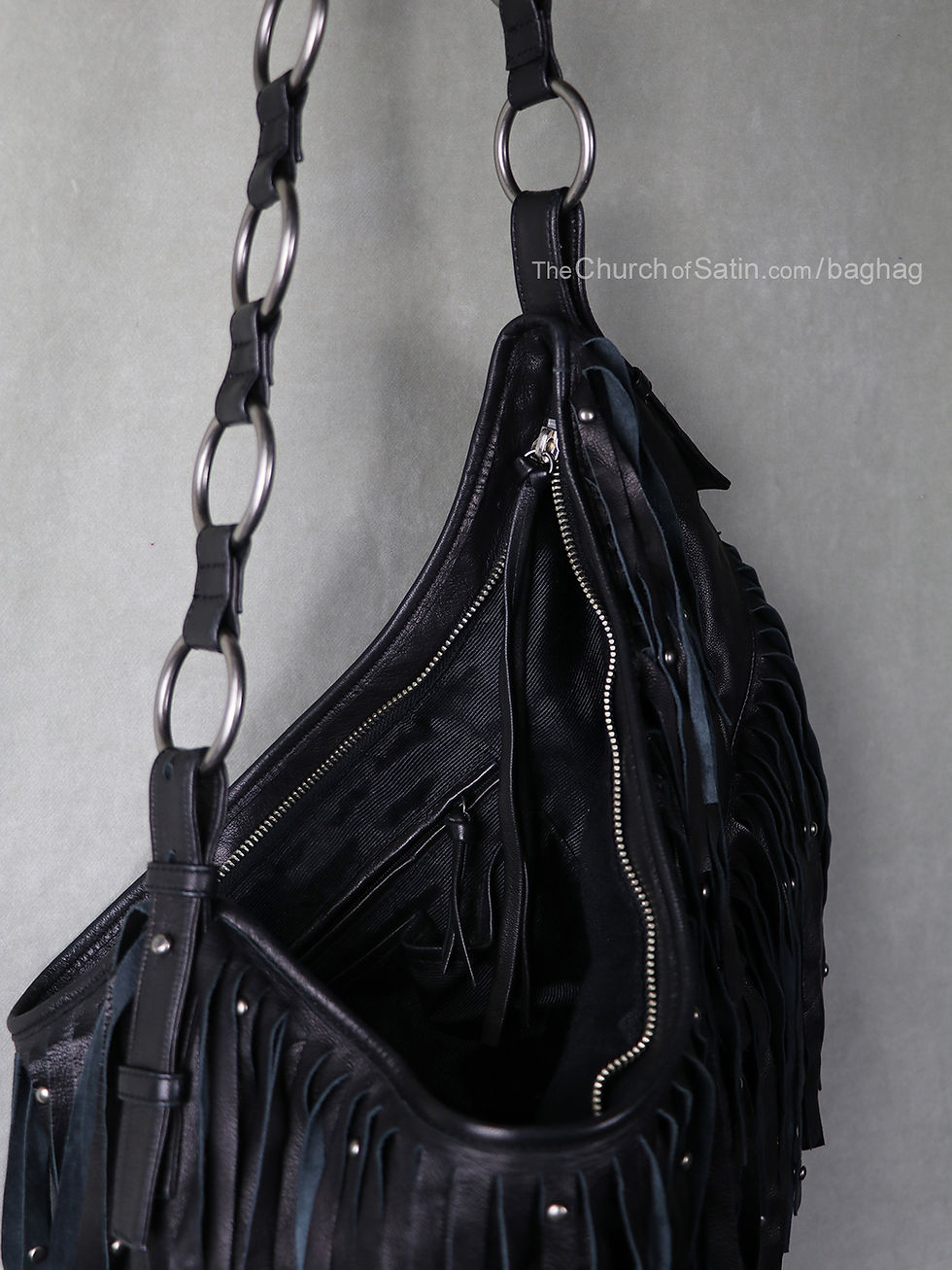 Thumbnail: Big black leather purse handbag studded fringe boho hippie biker punk goth