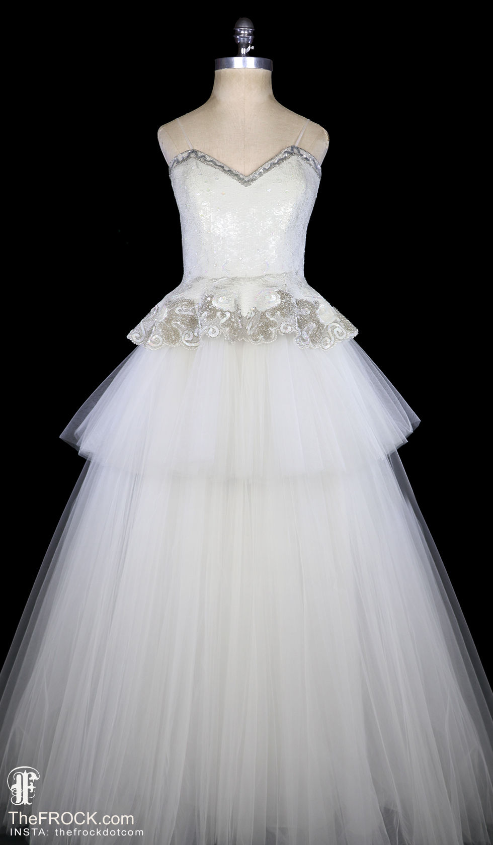 Vintage couture wedding dress Fabrice Simon designer ivory white beaded sequined bridal gown with big tulle ball gown skirt.