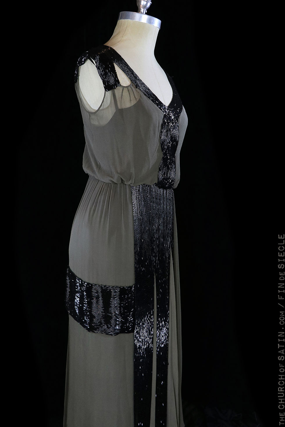 Thumbnail: 1930 black beaded green dress, antique Art Deco flapper maxi gown, sleeveless