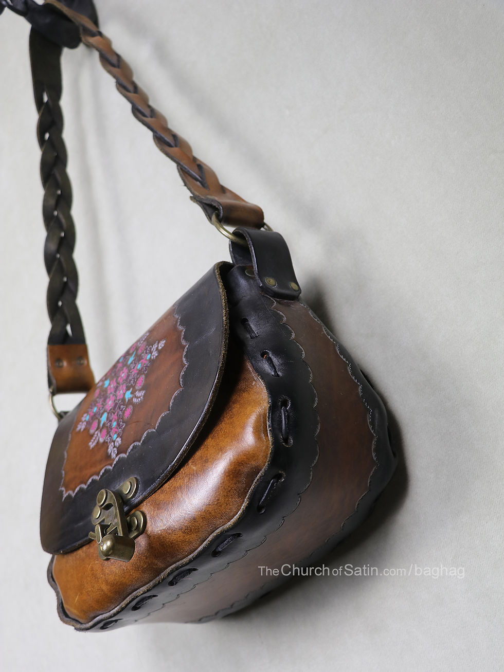 Thumbnail: Brown tooled leather purse vintage bag boho hippie flowers shoulder strap