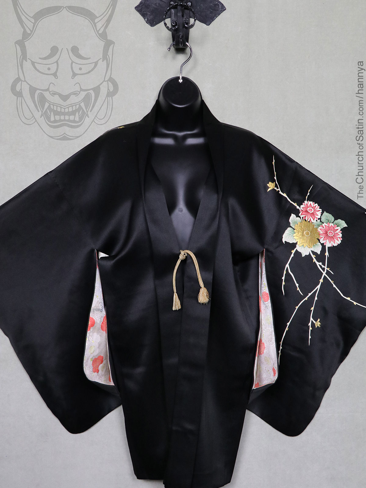 Vintage black silk satin haori kimono gold metallic flowers gothic jacket