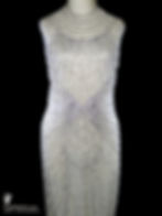 NAEEM KHAN ivory nude net evening cocktail dress that is sleeveless with vintage couture quality crystal beadwork in flapper style Art Deco lines running throughout.