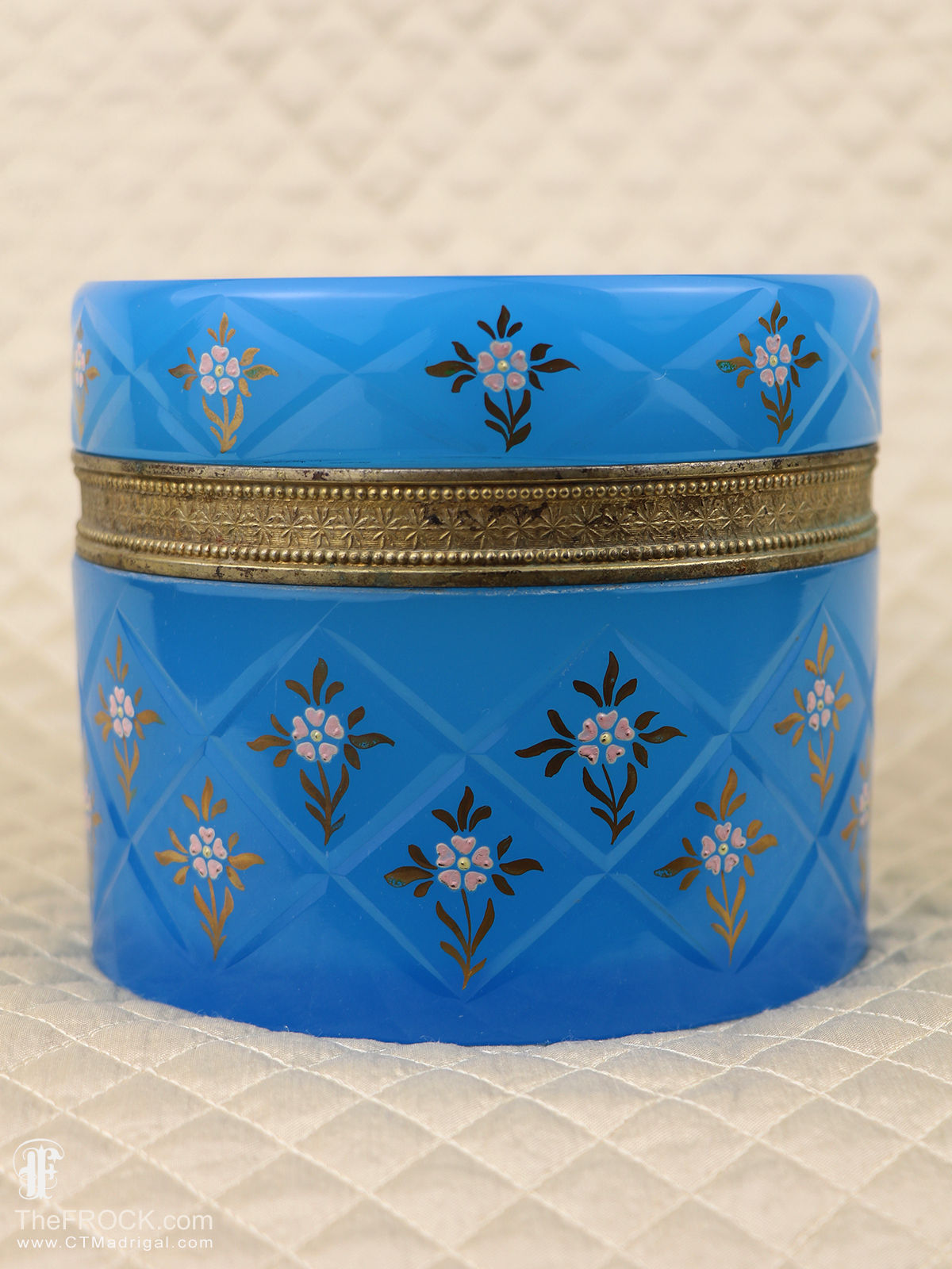 1920s big blue opaline jar with gilded and enameled flowers