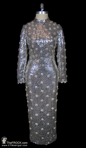saint laurent silver dress Yves Saint Laurent silver sequined beaded gown, long sleeve silver dress YSL