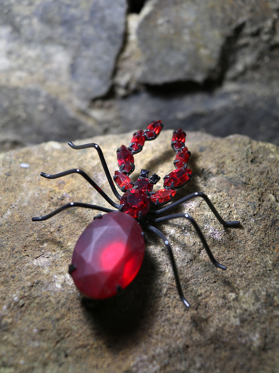 Thumbnail: Vintage spider brooch, big red art glass jeweled insect pin black