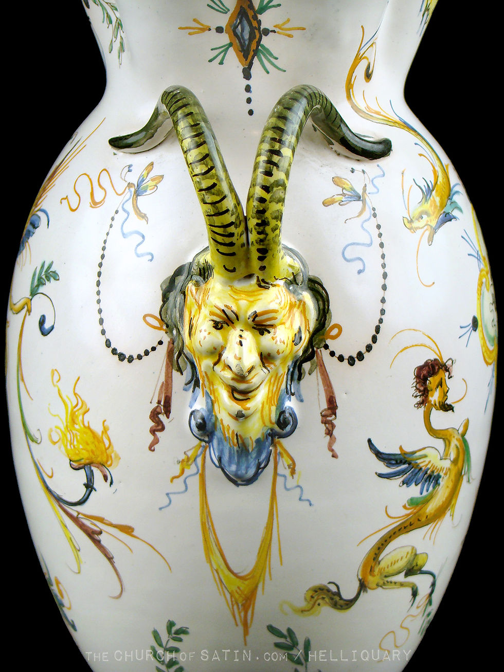 Thumbnail: DEVIL HORN HANDLED VASE, antique mythological grotesque porcelain griffin urn