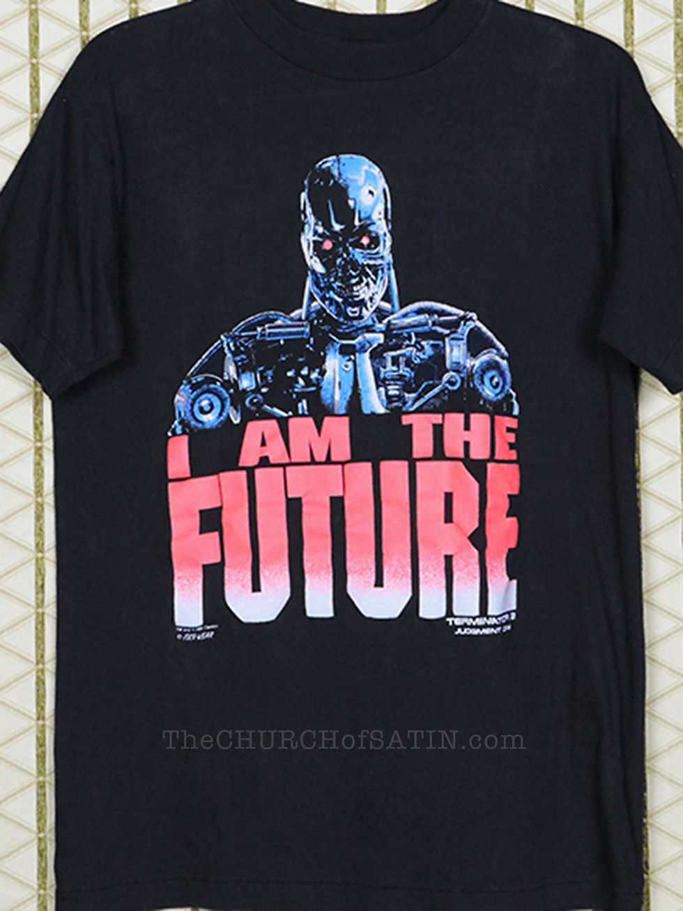Vintage sci-fi horror movie t-shirt of the robot Terminator, with the text "I AM THE FUTURE".