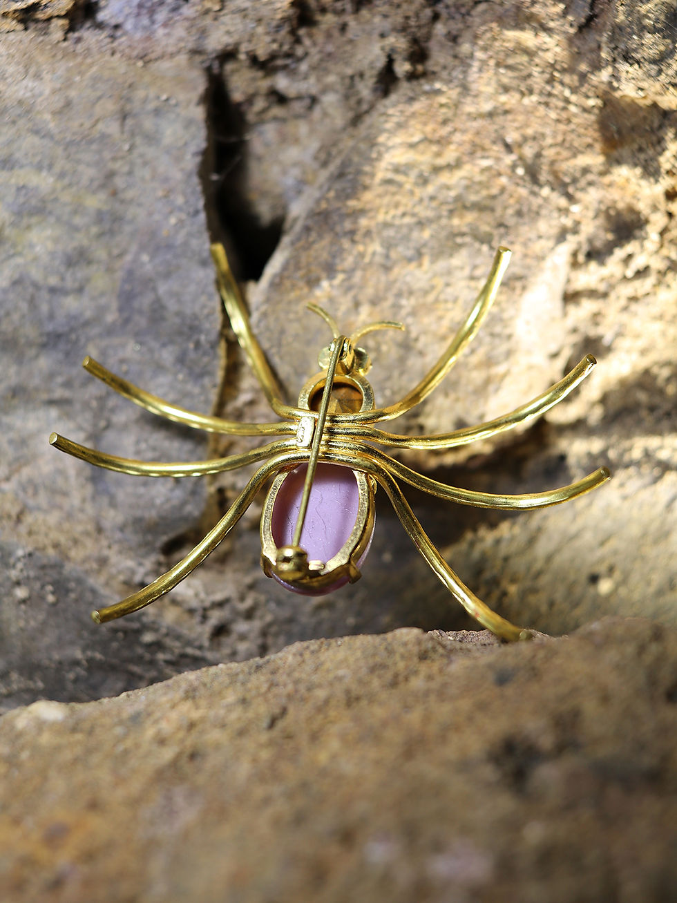 Thumbnail: Gold plate spider brooch, big antique moonstone glass jewel insect pin large
