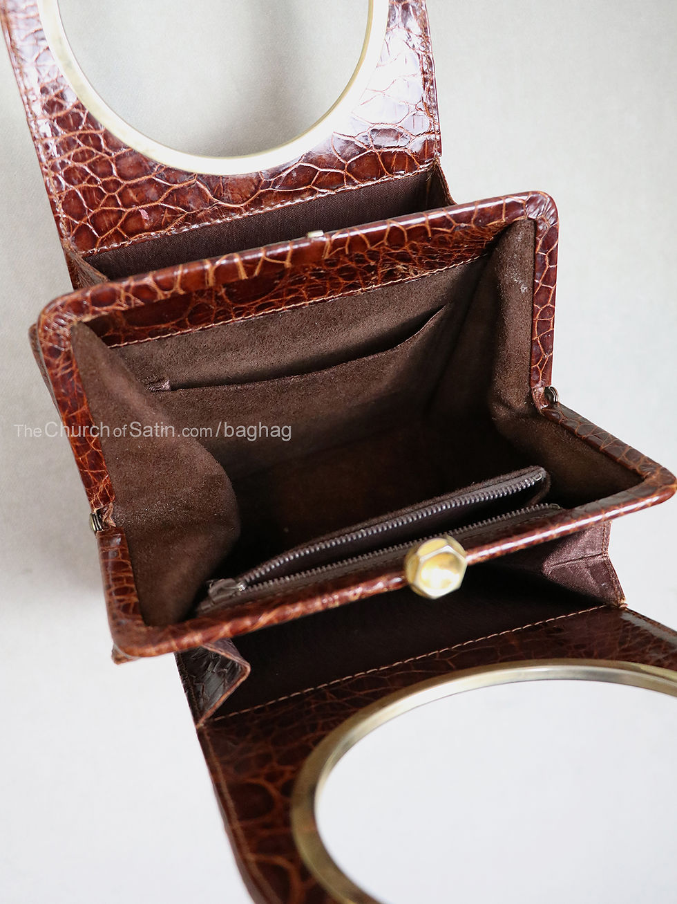 Thumbnail: 1940s reptile skin handbag purse architectural, circular handle with brass trim