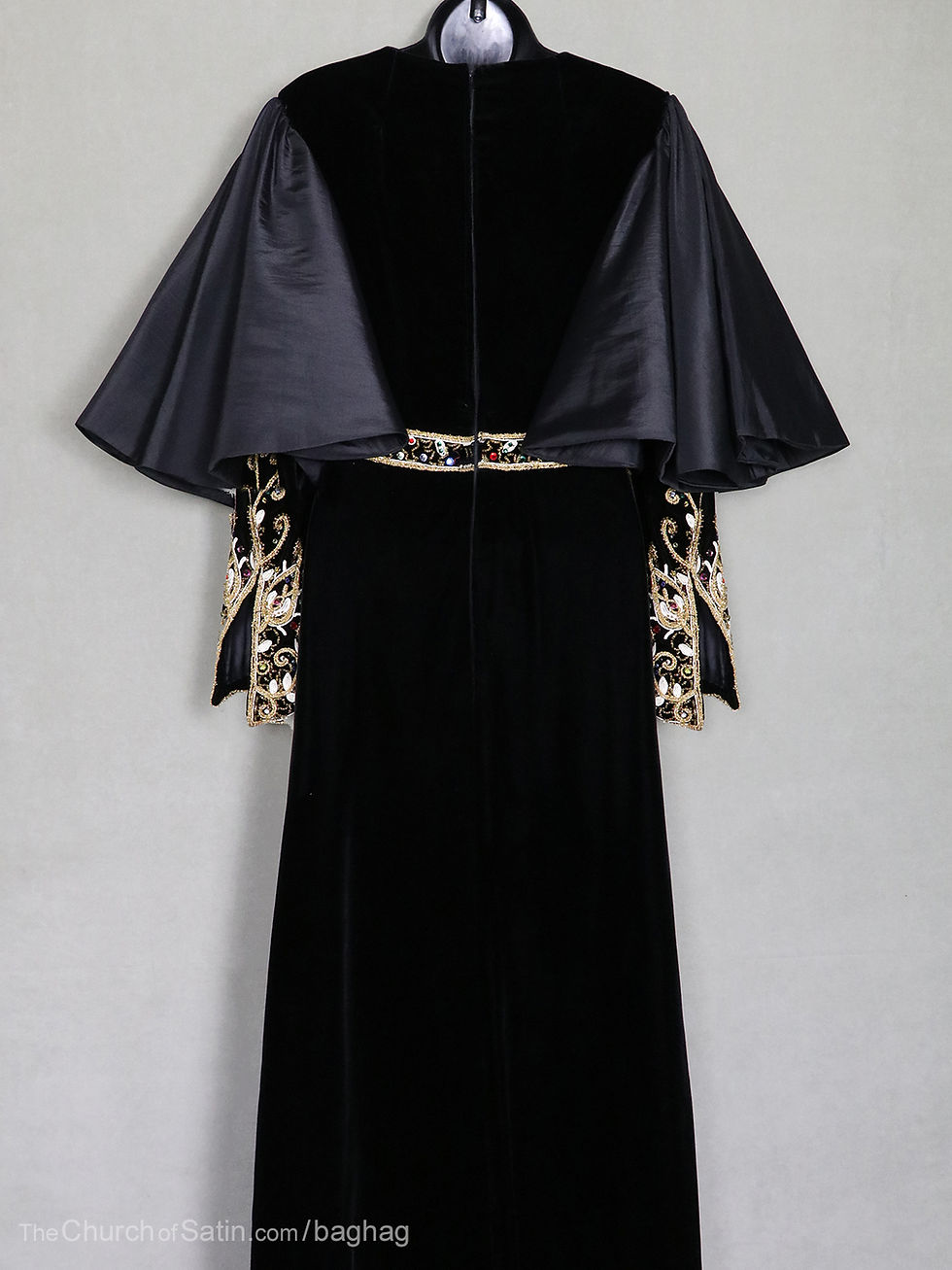 Thumbnail: Bonwit Teller black velvet maxi dress gold soutache beaded jeweled long sleeve