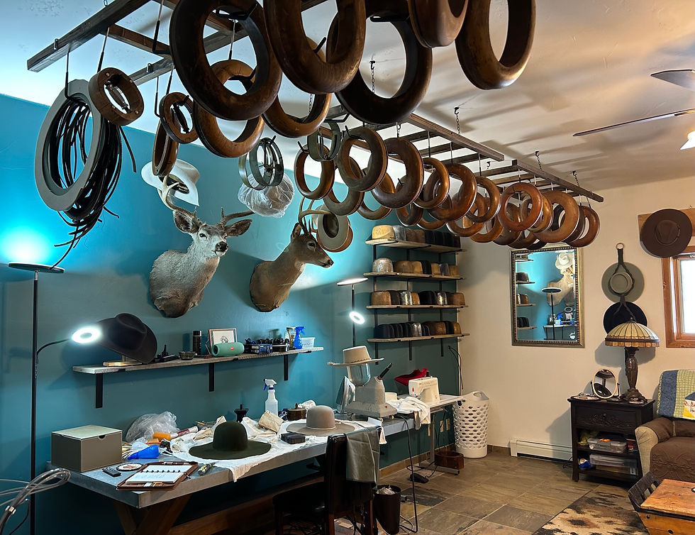 Hat Studio with hats in progress and waiting for new inventory