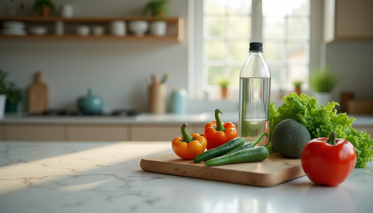 Eye-level view of a calm kitchen counter with fresh vegetables and a water bottle