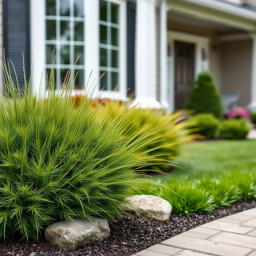 lanscape image of a front of a home with grass and shrubs