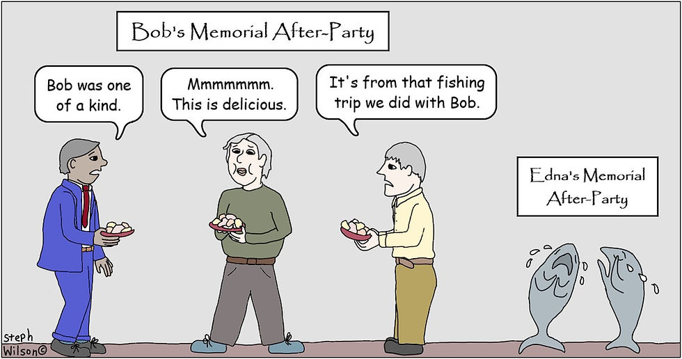 Friends discuss Bob at his memorial while two fish cry.