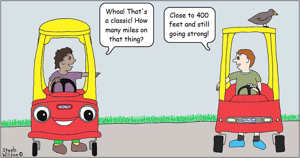 Two kids discuss their Little Tikes coupes.