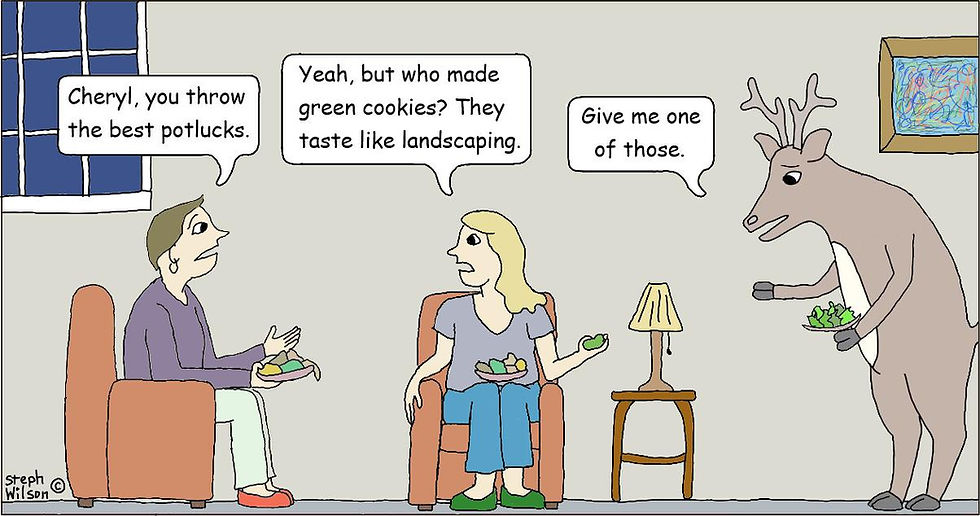 Two ladies and a deer discuss green cookies at a potluck.
