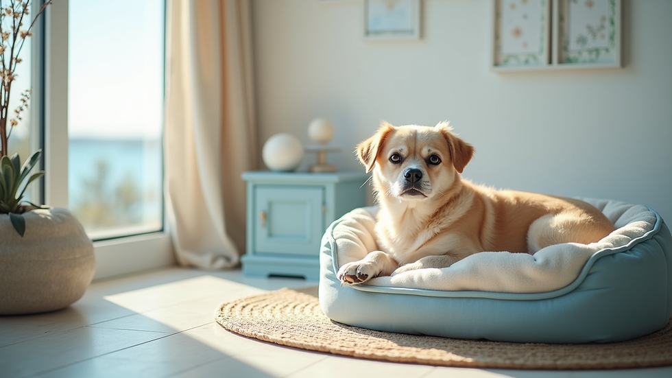 Eye-level view of a coastal pet bed with soft blue and beige tones placed near a window